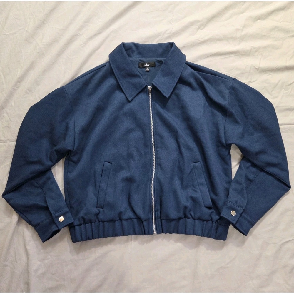 Lulus Made With Love Womens Blue Bomber Twill Jacket L Full Zip Collared Lined